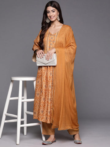 Rust Bandhani Printed Embellished With Gota A-Line Kurta Paired With Tonal Solid Bottom And Tonal Chiffon Dupatta